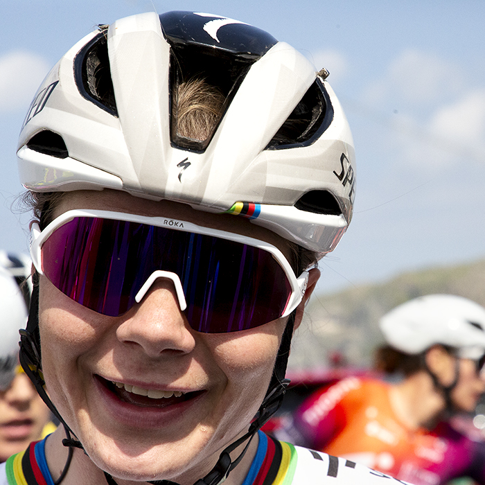 Tour of Britain Women’s 2024 - Lotte Kopecky smiles at the camera as she realises she has won the first stage in Llandudno