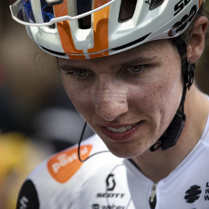 Tour of Britain Women’s 2024 - Pfeiffer Georgi stares into space after a tough stage around Wrexham