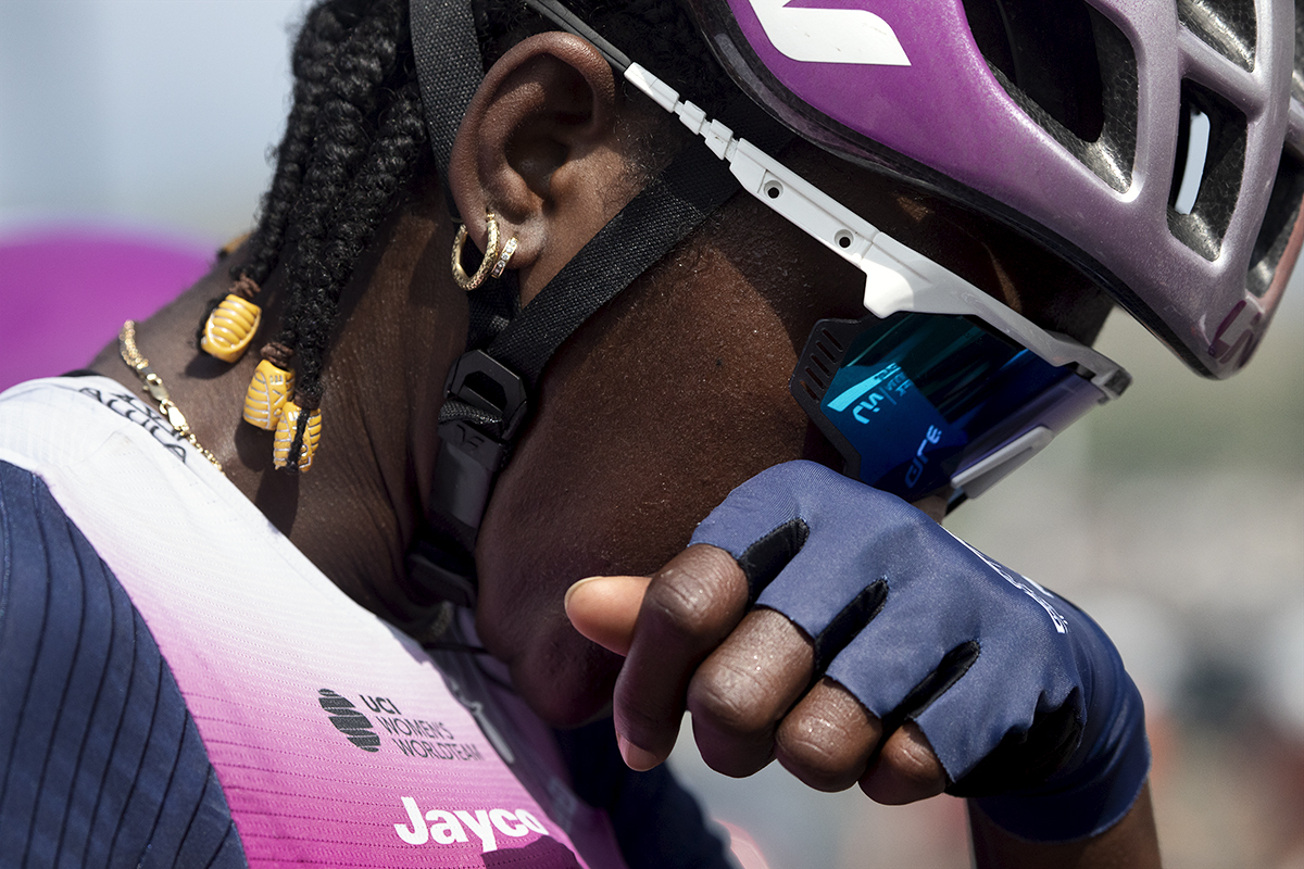 Tour of Britain Women’s 2024 - Teniel Campbell wipes her face with her hand after the stage finish in Llandudno