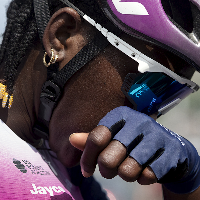 Tour of Britain Women’s 2024 - Teniel Campbell wipes her face with her hand after the stage finish in Llandudno