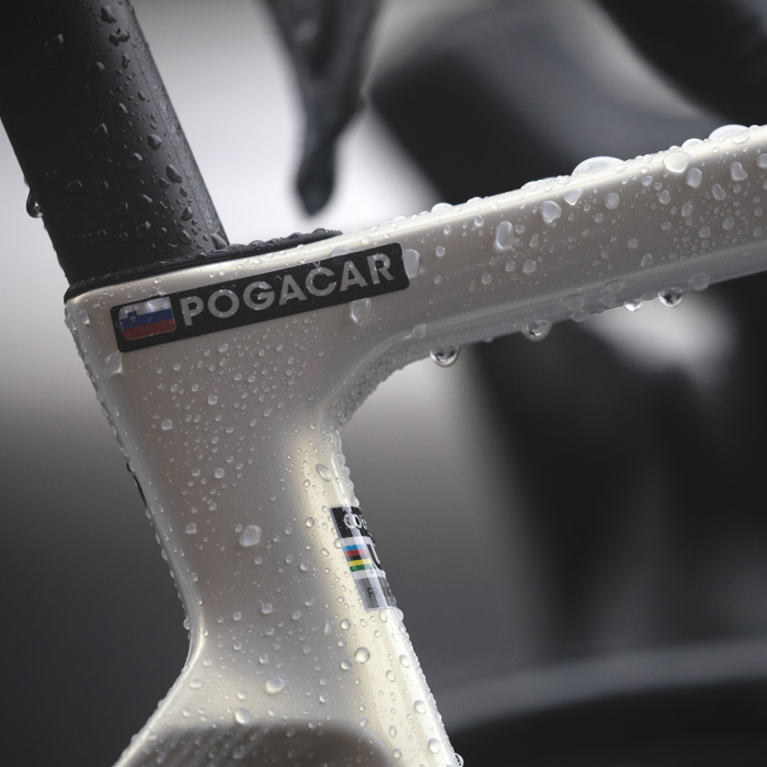 Tre Valli Varesine 2024 - Close up of the name of the world champion Pogačar on his bike