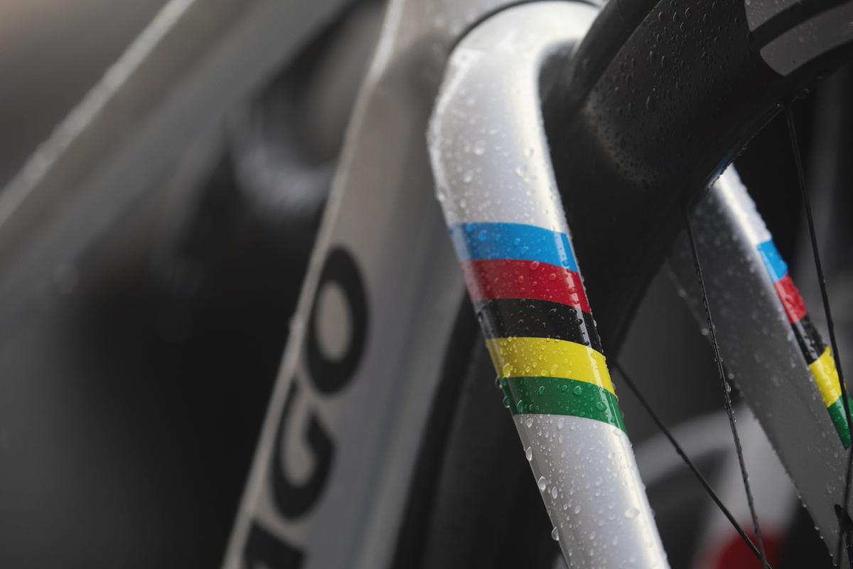 Tre Valli Varesine 2024 - Pogačar’s world champions bike with water dripping down the rainbow bands