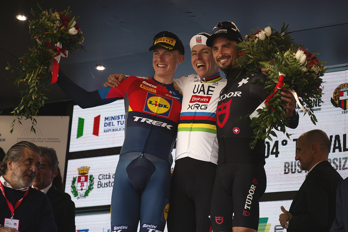 Tre Valli Varesine 2025 - Tadej Pogačar, Julian Alaphilippe and Albert Withen Philipsen on the podium