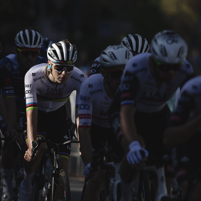 Tre Valli Varesine 2025 - An illuminated Tadej Pogačar tucked in behind his team mates during the race