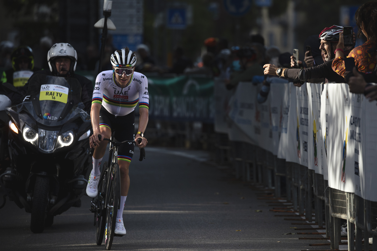 Tre Valli Varesine 2025 - Tadej Pogačar is followed closely by a TV motorbike