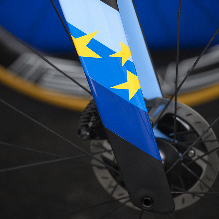 UCI 2019 Road World Championships - the forks of the European Champions Time Trial Bike showing the European flag