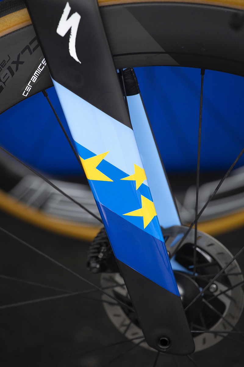 UCI 2019 Road World Championships - the forks of the European Champions Time Trial Bike showing the European flag