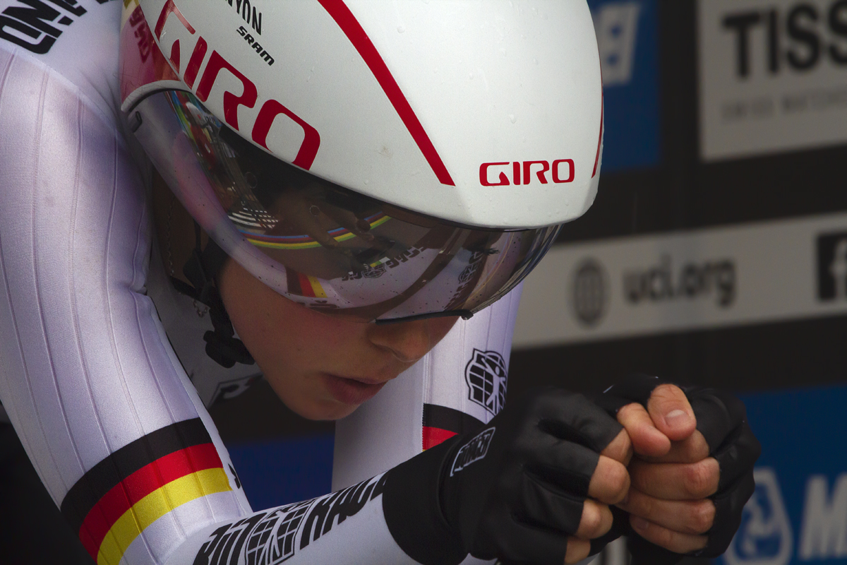 UCI 2019 Road World Championships - Lisa Klein of Germany on the start ramp with the World Champions stripes reflected in her visor