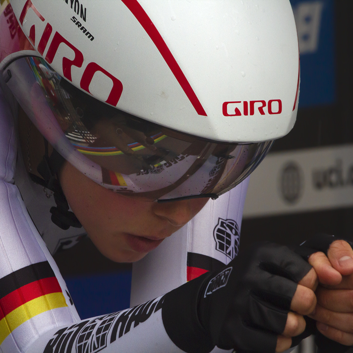 UCI 2019 Road World Championships - Lisa Klein of Germany on the start ramp with the World Champions stripes reflected in her visor