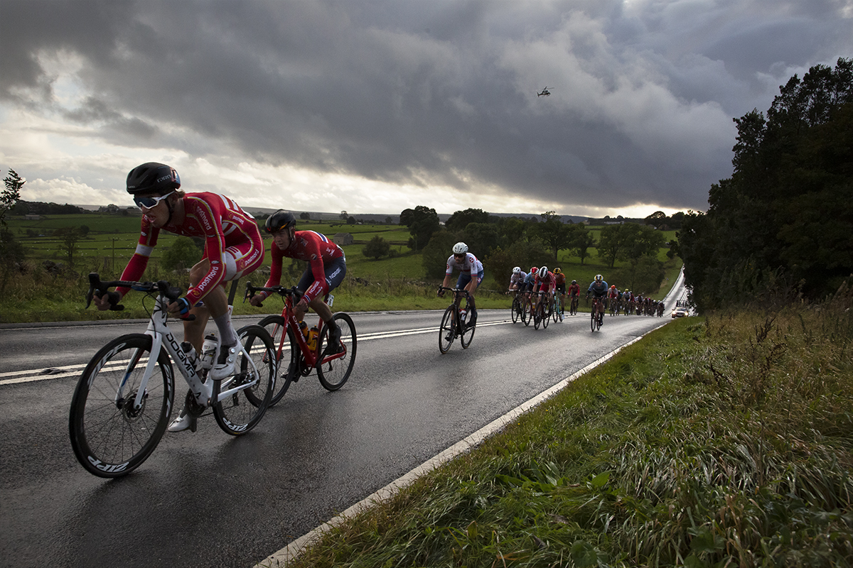 UCI 2019 Road World Championships Mikkel Bjerg leads a group of riders over Menwith Hill during the U23 Men’s Road Race