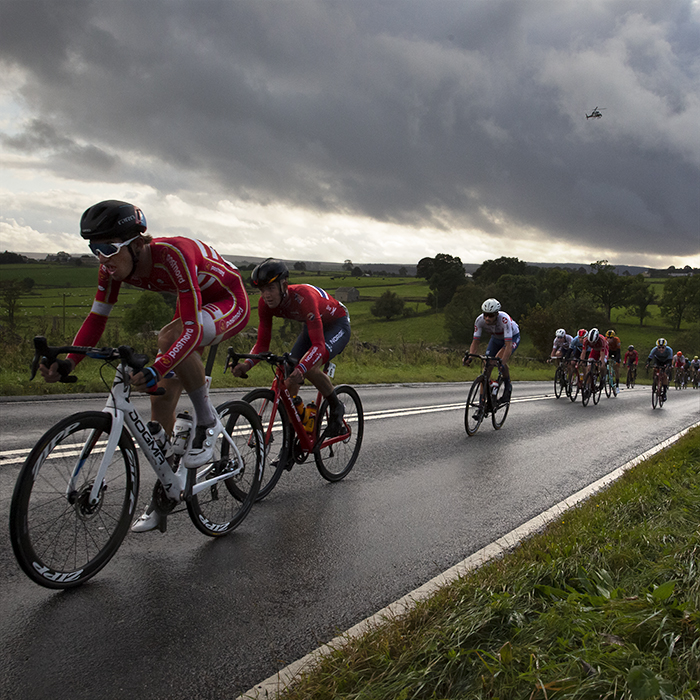 UCI 2019 Road World Championships Mikkel Bjerg leads a group of riders over Menwith Hill during the U23 Men’s Road Race