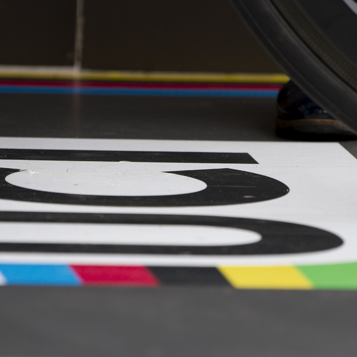 UCI 2019 Road World Championships - A time trial bike wheel approaches the UCI logo at the start of the Time Trial