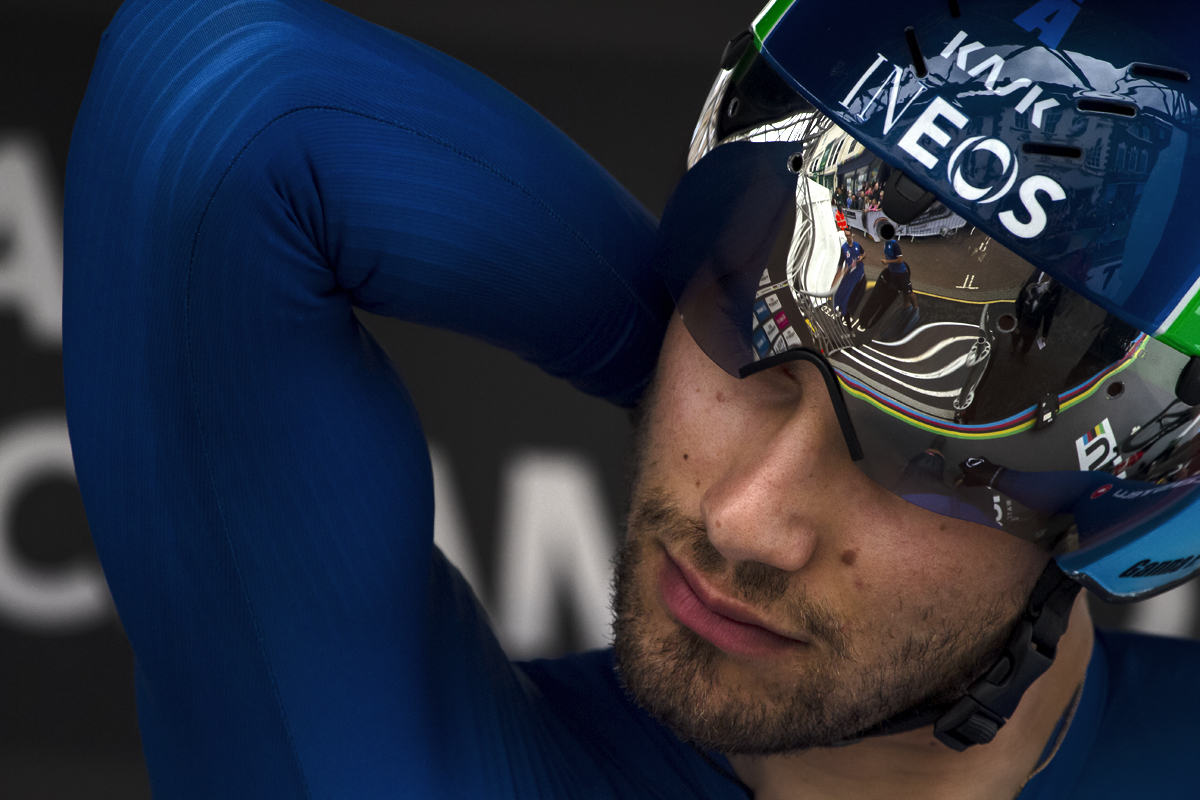 UCI 2019 Road World Championships  - Filippo Ganna of Italy stretches his arm with the World Champions stripes reflected in his visor before the start of the event