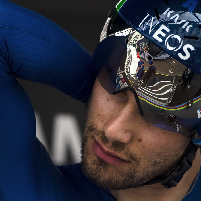 UCI 2019 Road World Championships  - Filippo Ganna of Italy stretches his arm with the World Champions stripes reflected in his visor before the start of the event