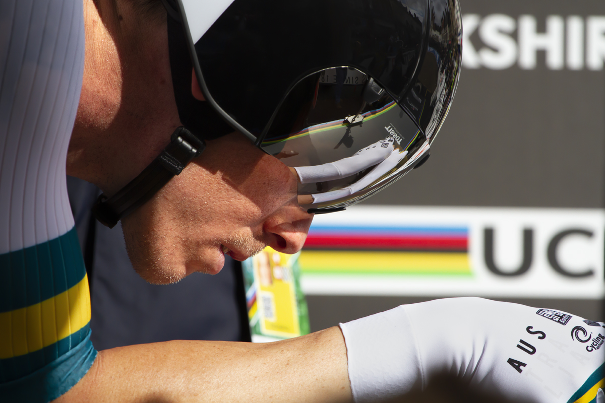 UCI 2019 Road World Championships - The world champions stripes reflected in his visor, Australia’s defending champion Rohan Dennis assumes an aero tuck