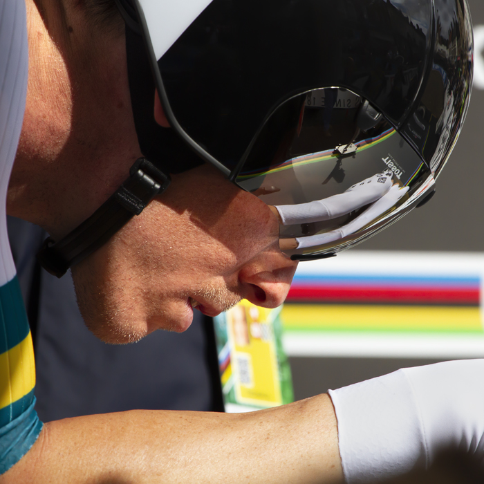 UCI 2019 Road World Championships - The world champions stripes reflected in his visor, Australia’s defending champion Rohan Dennis assumes an aero tuck