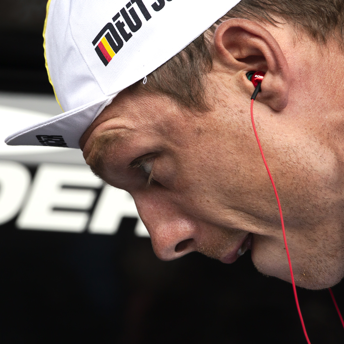 UCI 2019 Road World Championships  - Profile of Germany’s Tony Martin with headphones in his ears and a small Germany cycle cap as he warms up for the time trail