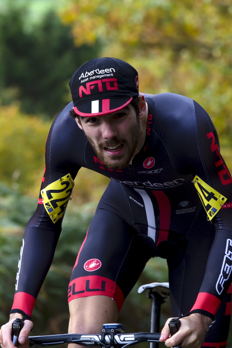 UK National Hill Climb Championships 2015 - Edmund Bradbury looks up the hill with autumnal colours seen behind him