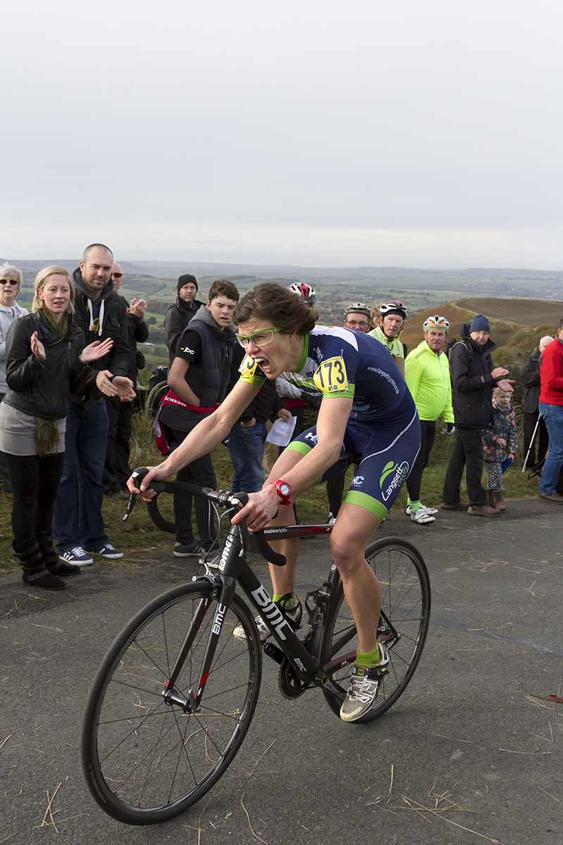 UK National Hill Climb Championships 2015 - Emilie Verroken roars as she nears the finish line while fans applaud