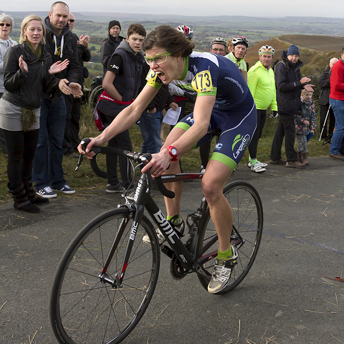 UK National Hill Climb Championships 2015 - Emilie Verroken roars as she nears the finish line while fans applaud