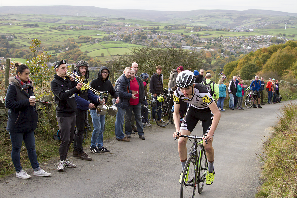 UK National Hill Climb Championships 2015 - Harry Luxton passes by fans banging pans and one playing a trombone