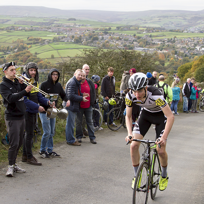 UK National Hill Climb Championships 2015 - Harry Luxton passes by fans banging pans and one playing a trombone