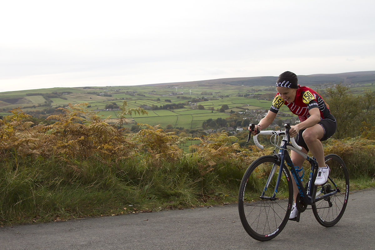 UK National Hill Climb Championships 2015 - Julianna Rourke pushes onwards past a view of the beautiful Yorkshire countryside