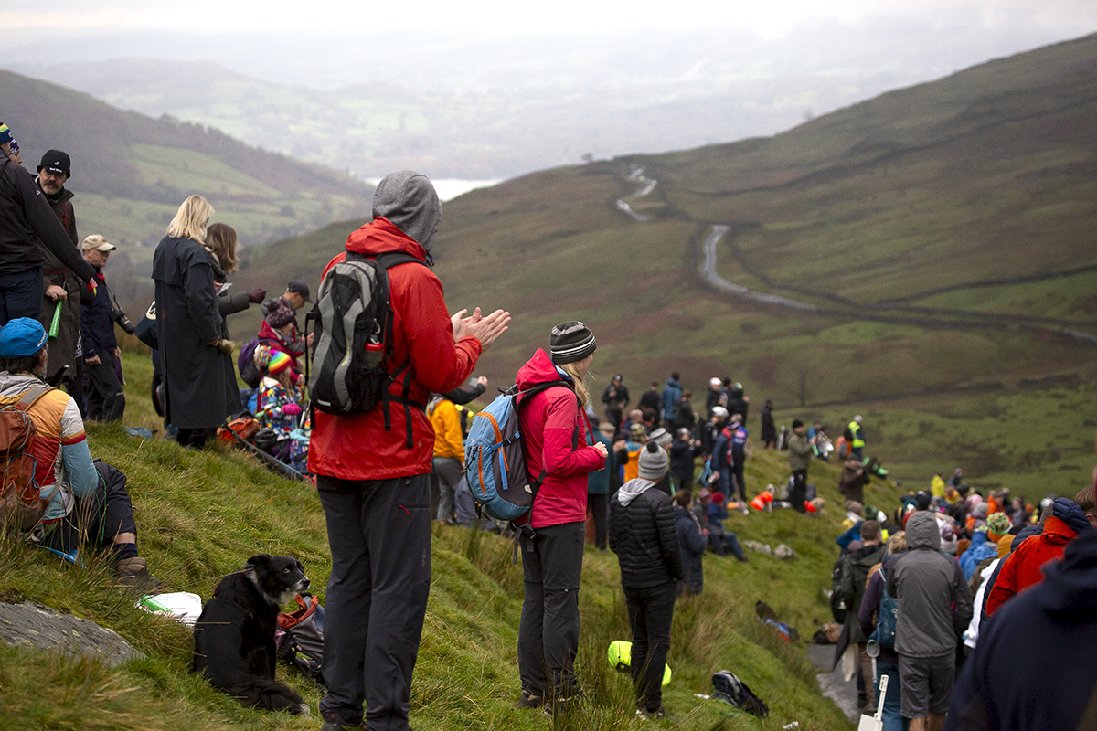 UK National Hill Climb Championships 2023 - Supporters on the hillside overlook the road and offer encouragement to riders making their way up The Struggle