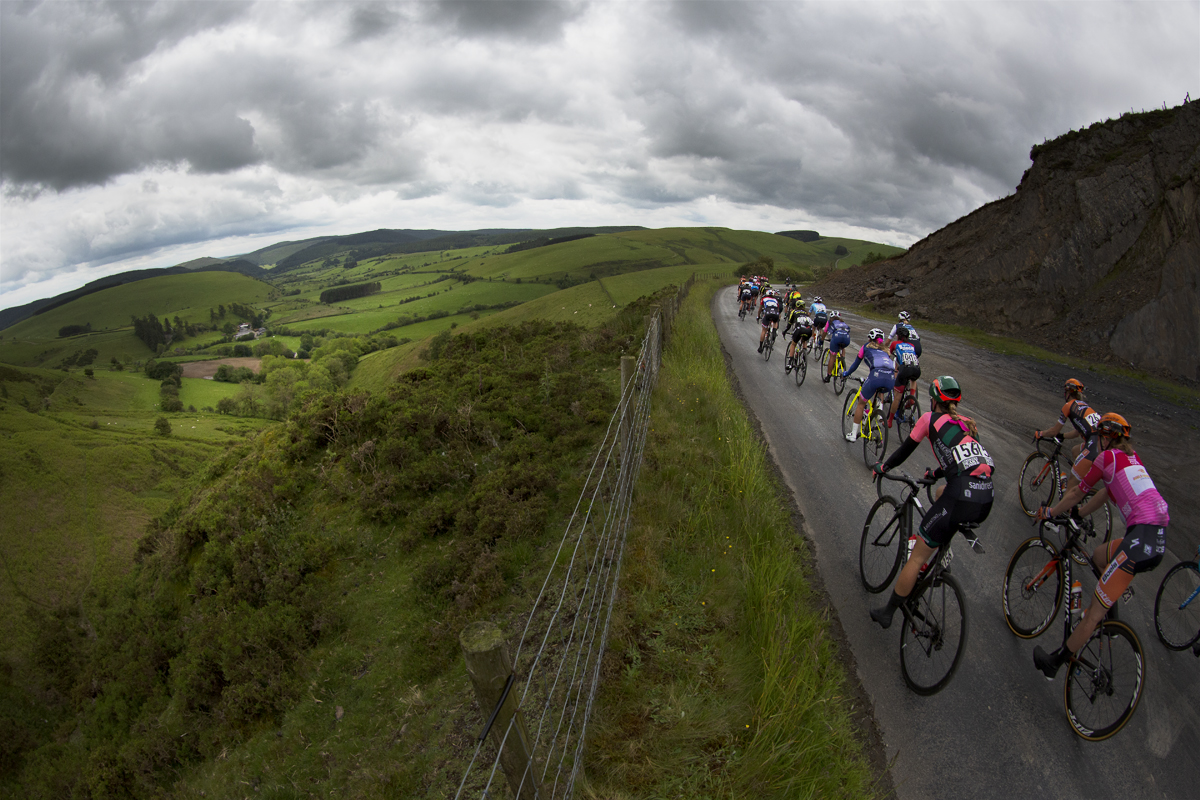 Women’s Tour 2019 - A Welsh valley is illuminated by the sunlight as the peloton pass by in Bwlch-y-Sarnau