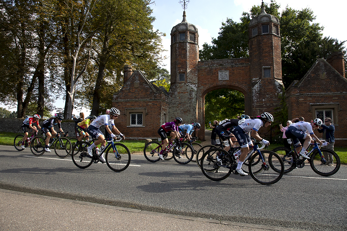 Women’s Tour 2021 - The race passes by the gate house of Melford Hall in Long Melford