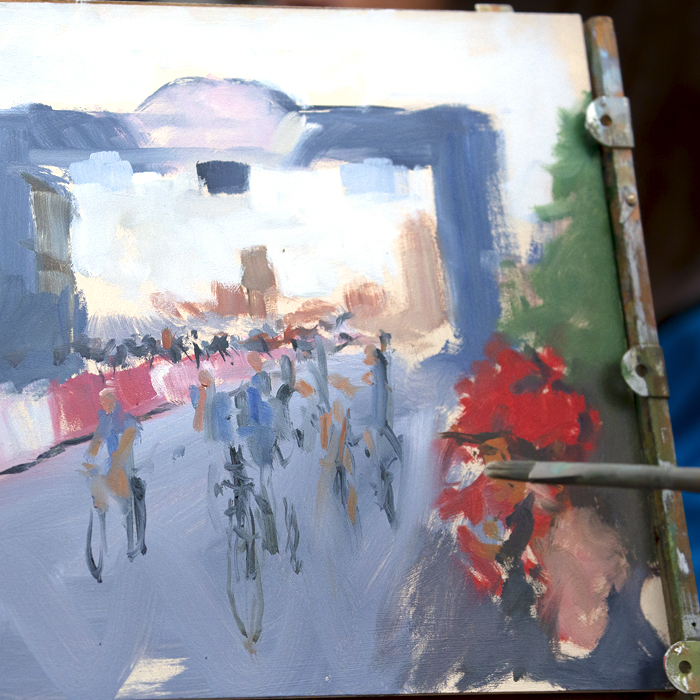 Women’s Tour 2021 - A spectator paints an oil painting of the finish of the race