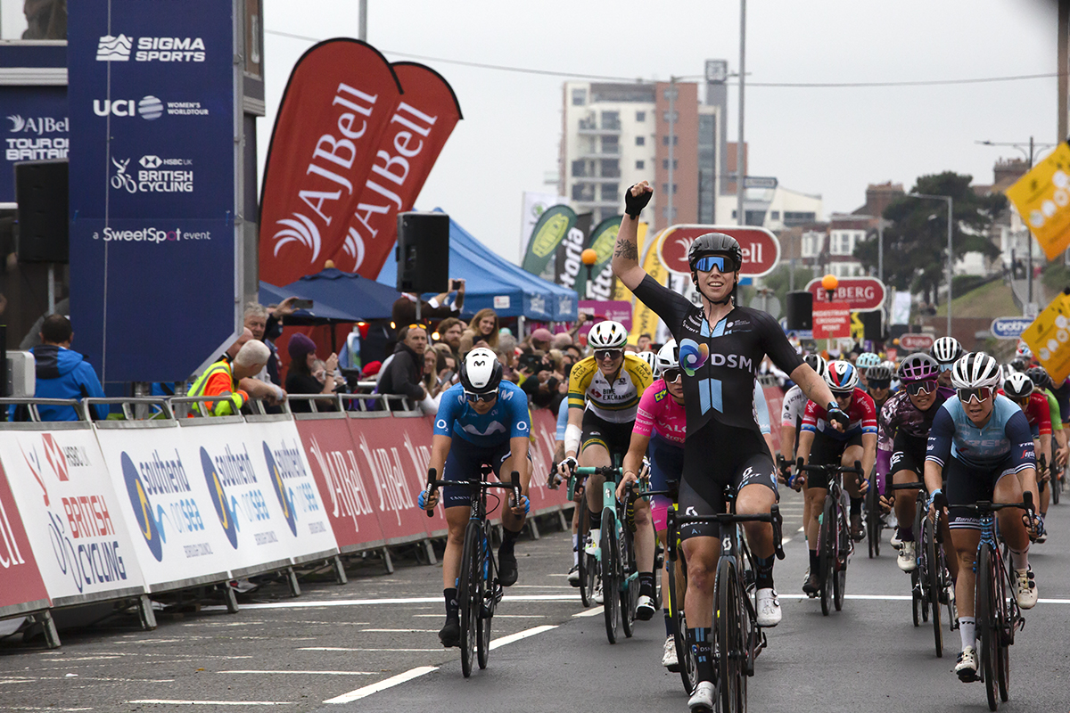 Women’s Tour 2021 - Lorena Wiebes of Team DSM raises her hand in victory as she crosses the line