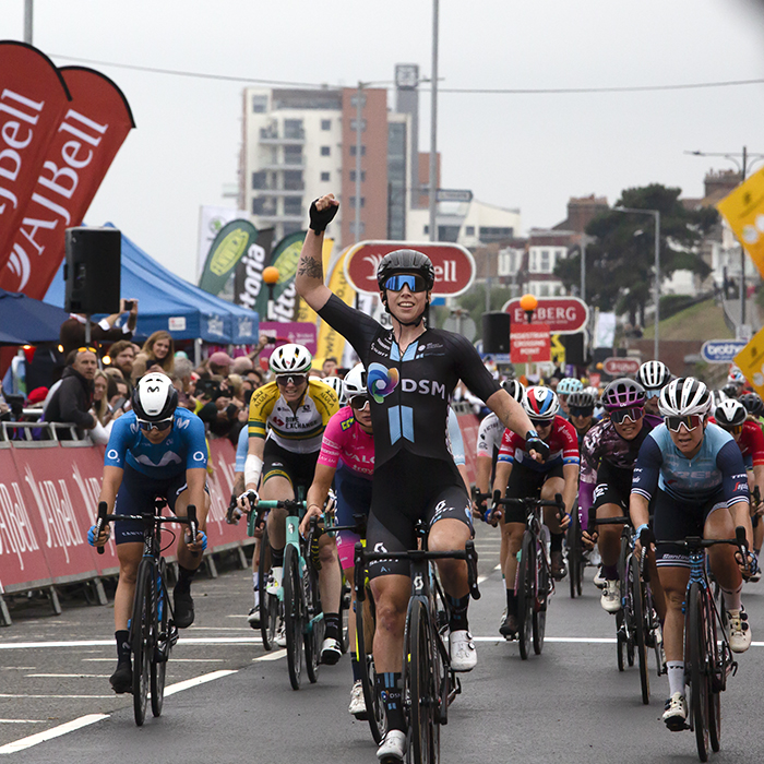 Women’s Tour 2021 - Lorena Wiebes of Team DSM raises her hand in victory as she crosses the line