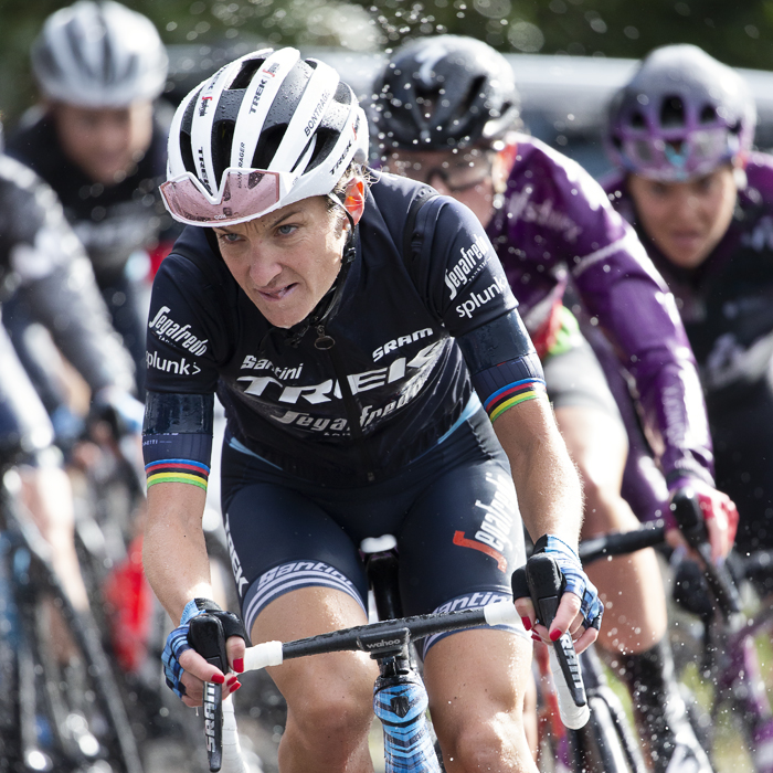 Women’s Tour 2021 - Lizzie Deignan of Trek-Segafredo Women kicks up water as she races on the wet roads around Walsall