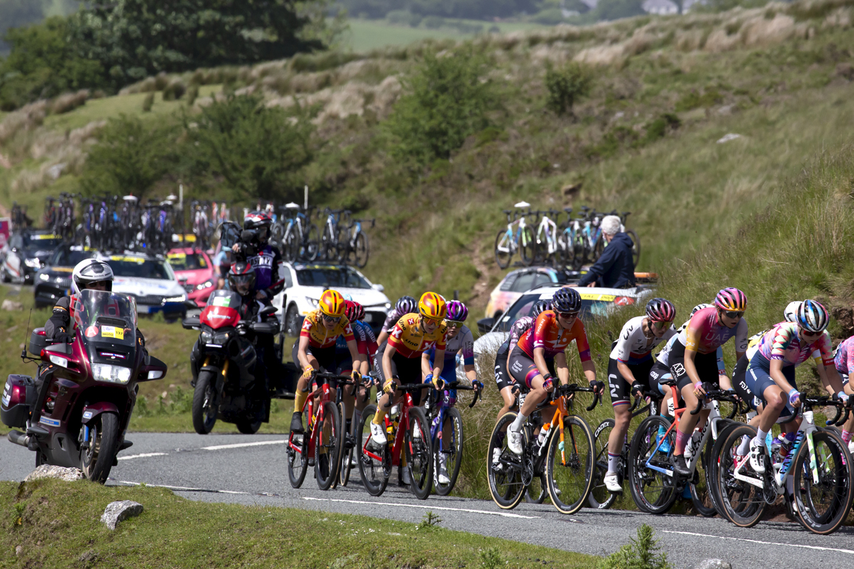 Women’s Tour 2022 - A group of riders start to make their way up Black Mountain