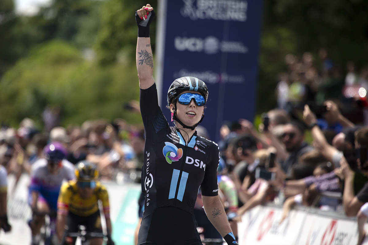 Women’s Tour 2022 - Lorena Wiebes of Team DSM raises her arm in celebration as she wins the stage