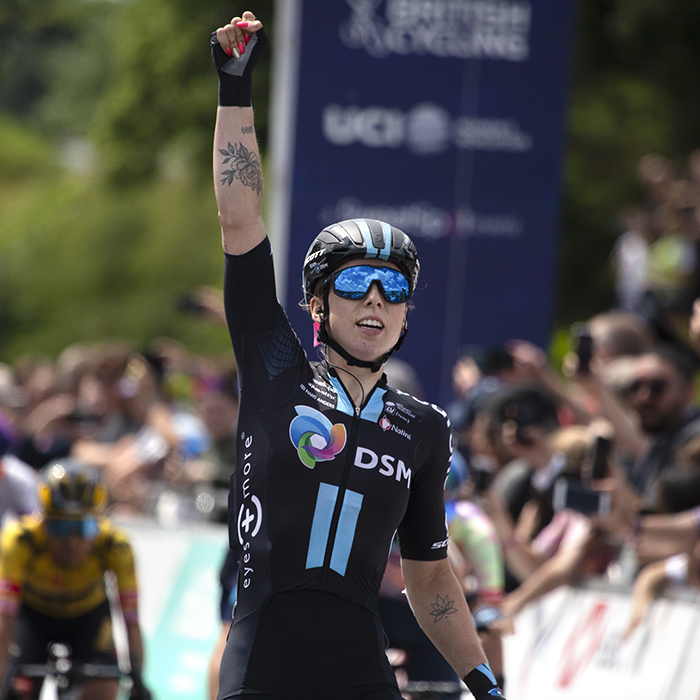 Women’s Tour 2022 - Lorena Wiebes of Team DSM raises her arm in celebration as she wins the stage