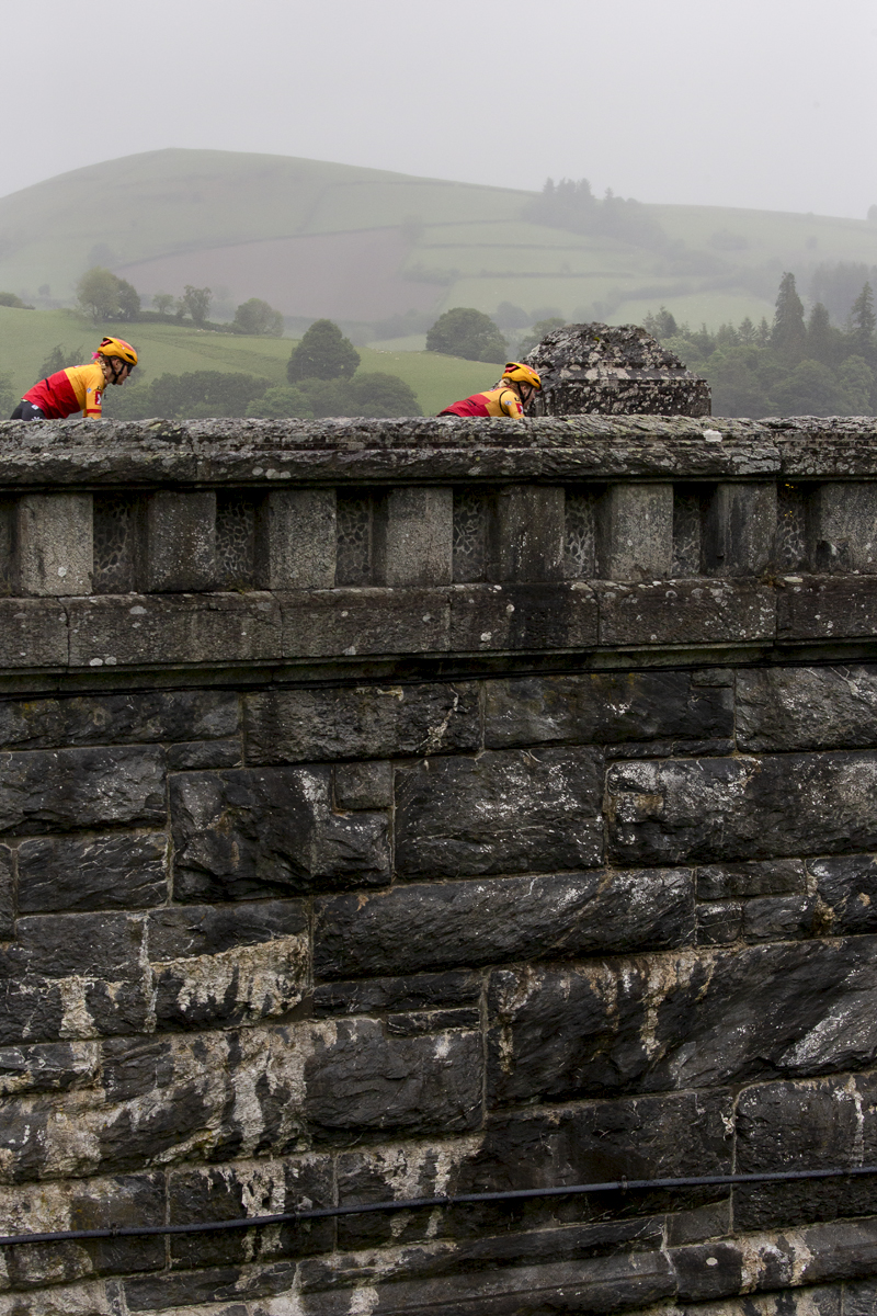 Women’s Tour 2022 - Two riders from Uno-X Pro Cycling Team cross the dam on Lake Vyrnwy