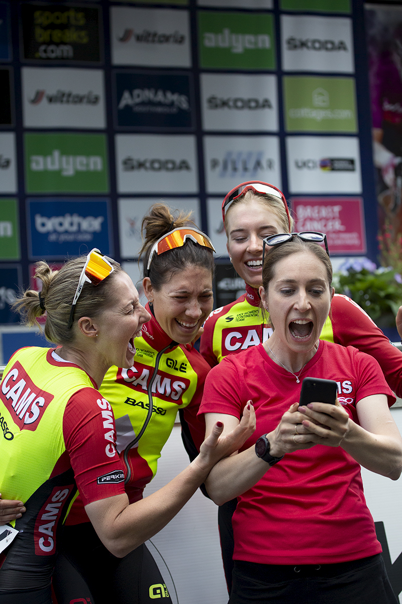 Women’s Tour 2022 - The CAMS-Basso team take a joyful selfie to celebrate their team mate winning Best British Rider