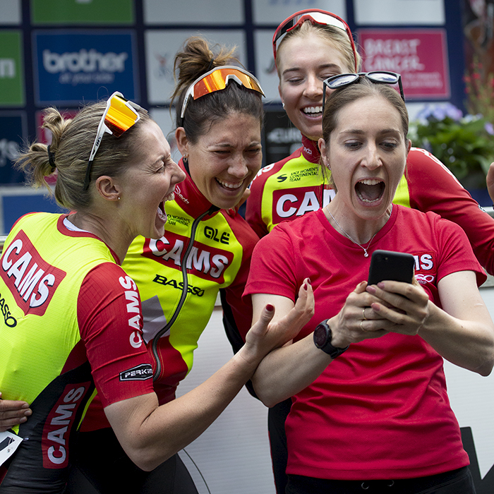 Women’s Tour 2022 - The CAMS-Basso team take a joyful selfie to celebrate their team mate winning Best British Rider